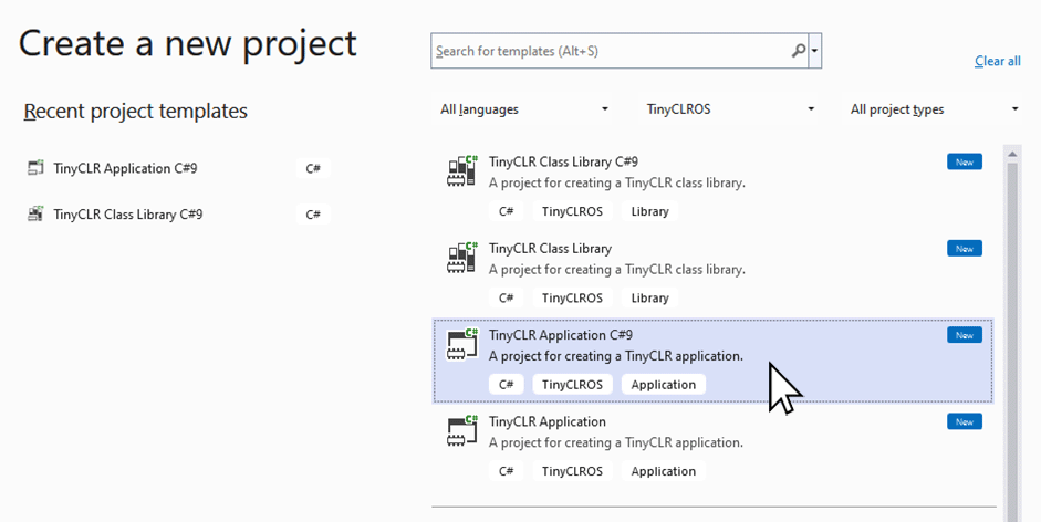 Select C# TinyCLR Application template