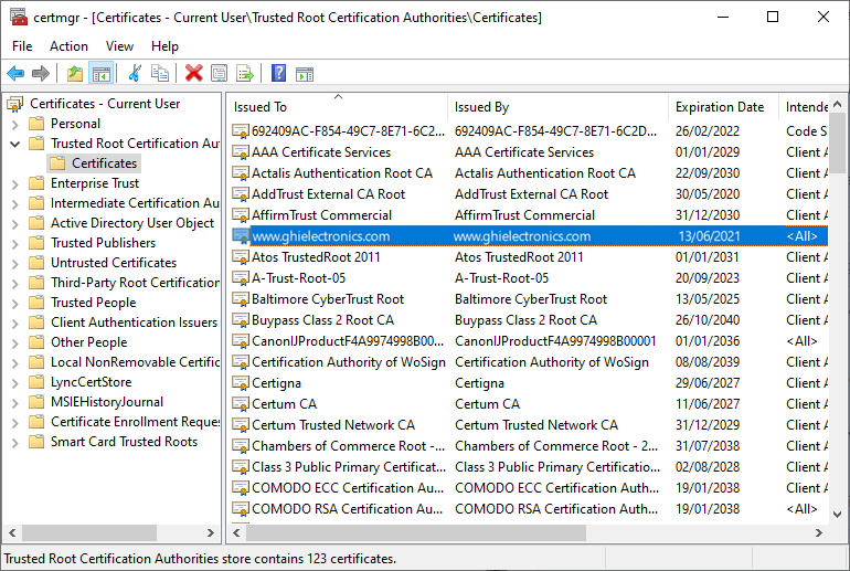 Removing a Root Certificate Step 2